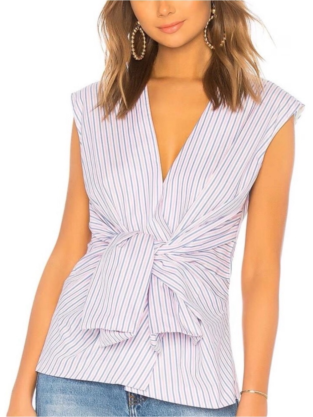 Diane Von Furstenberg Taffy Waist Tie Top Sleeveless V-Neck Striped Pink Blue XL
